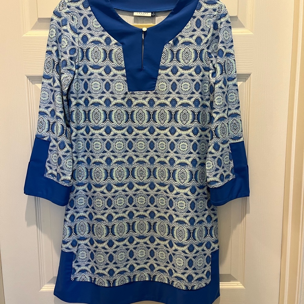 Cabana Life Blue and White V-Neck Dress with Cuffed Sleeves
